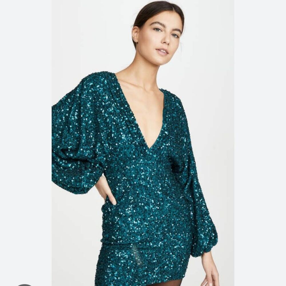 Retrofete Aubrielle Sequin Mini Dress Blue/Green Size XS NWT Long Sleeve V Neck